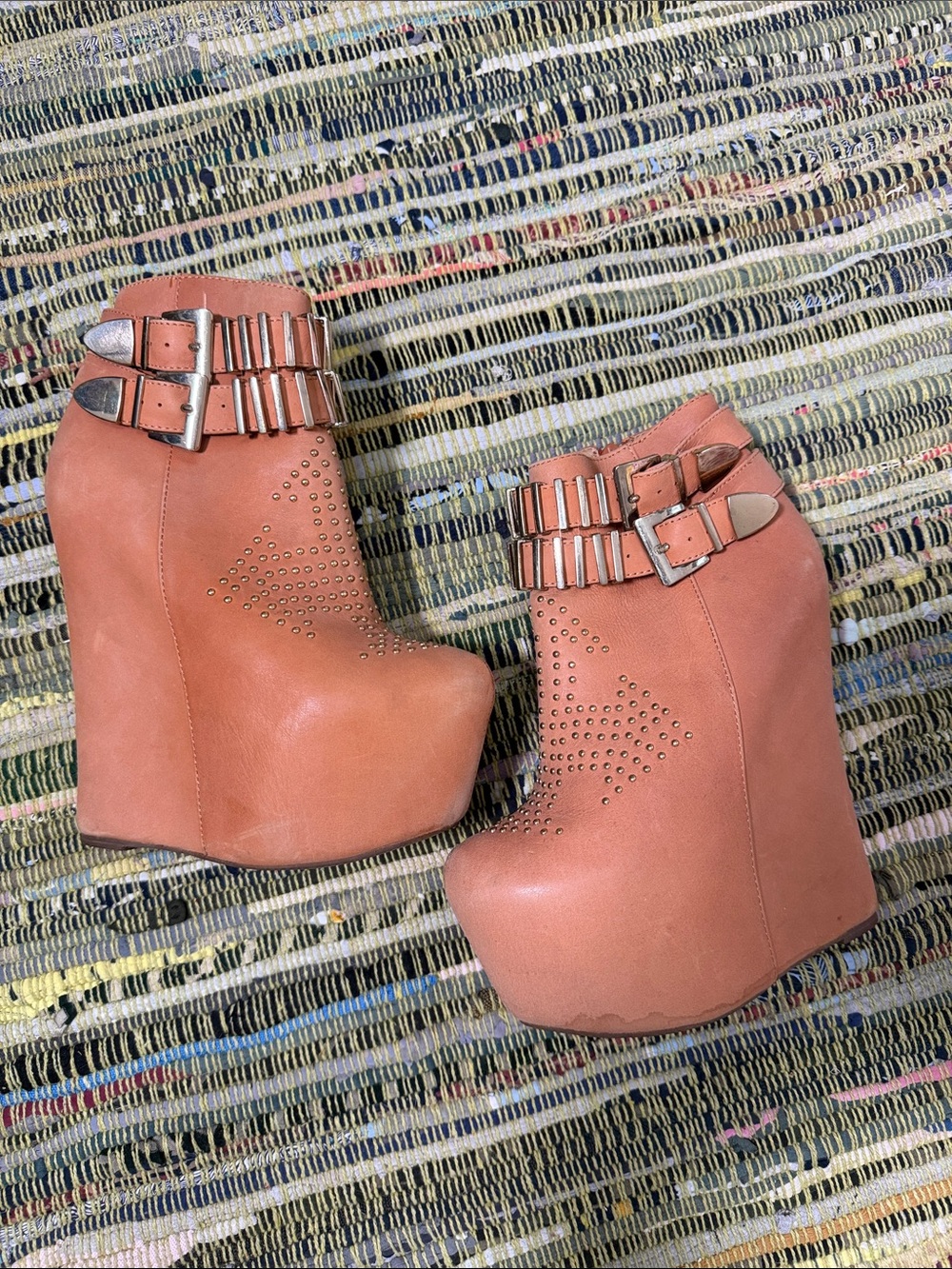 Jeffrey Campbell Cognac Wedge Ankle Boots with Buckle Straps - Picture 2 of 8